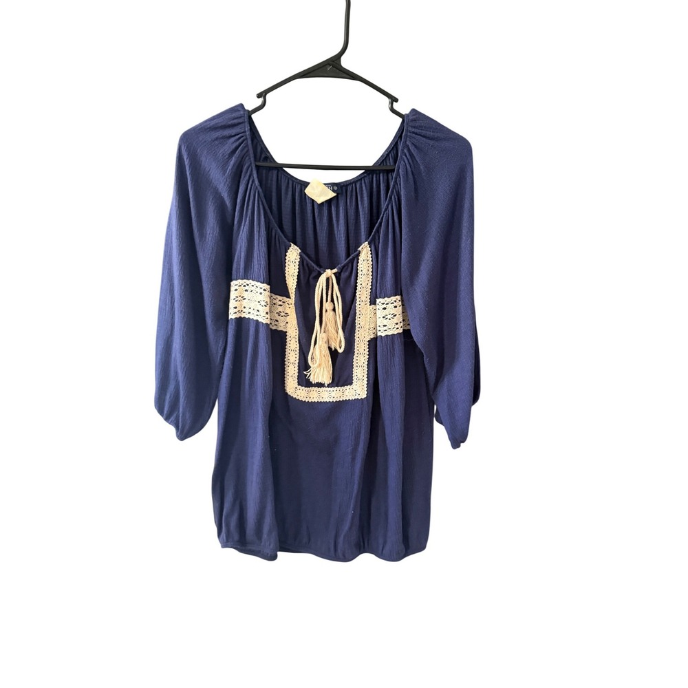 Lavish Y2k Navy Blue Boho Peasant Blouse Crochet Lace Tassels Size M Womens‎